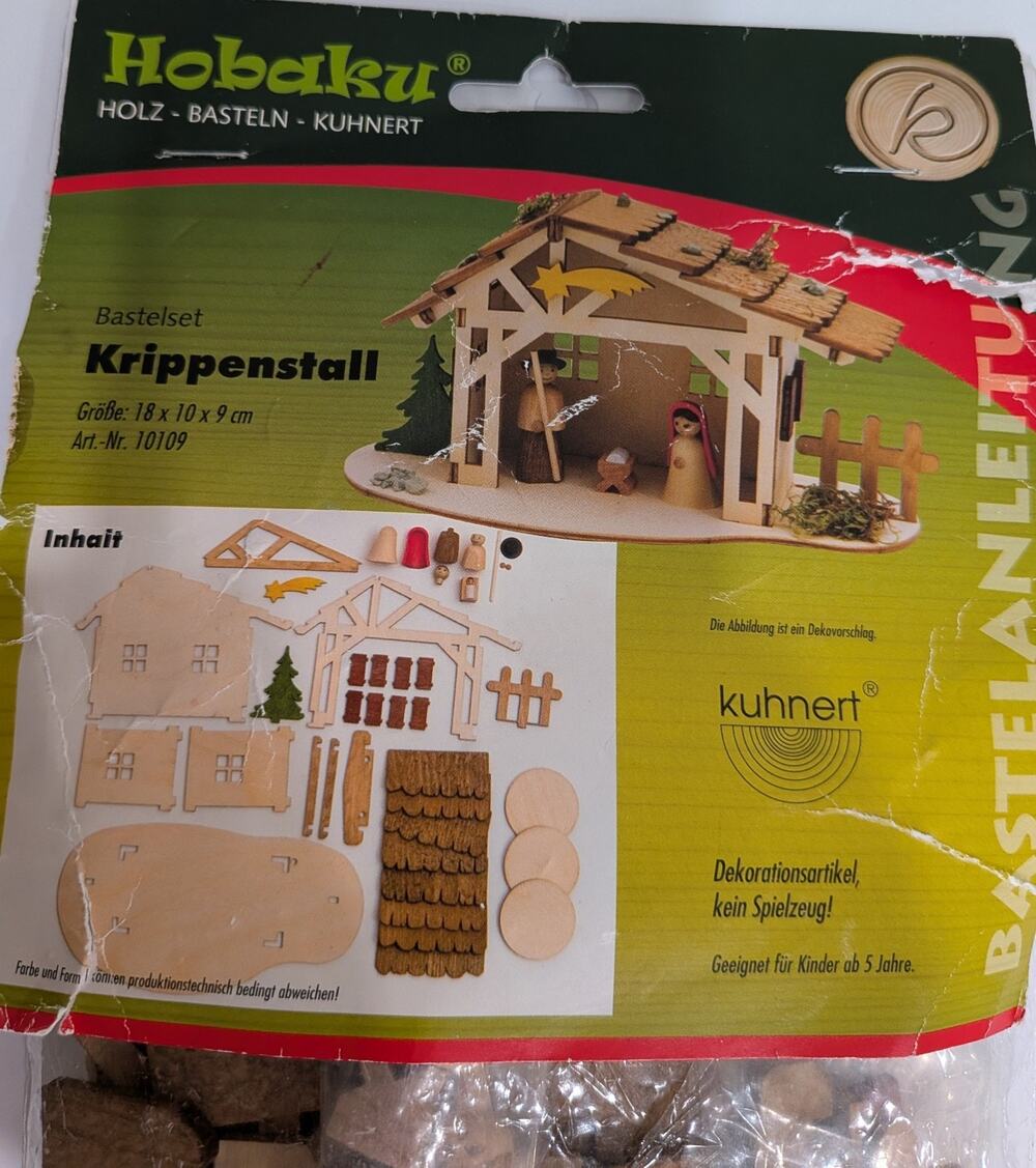 Vintage Hobaku Kuhnert Wooden Nativity Stable Craft Kit 10109 Germany Krippensta